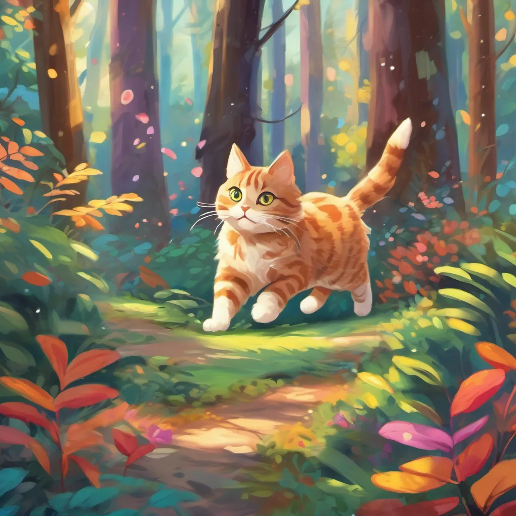 An adorable tabby cat with bright, curious eyes frolicking in a colorful whimsical forest.