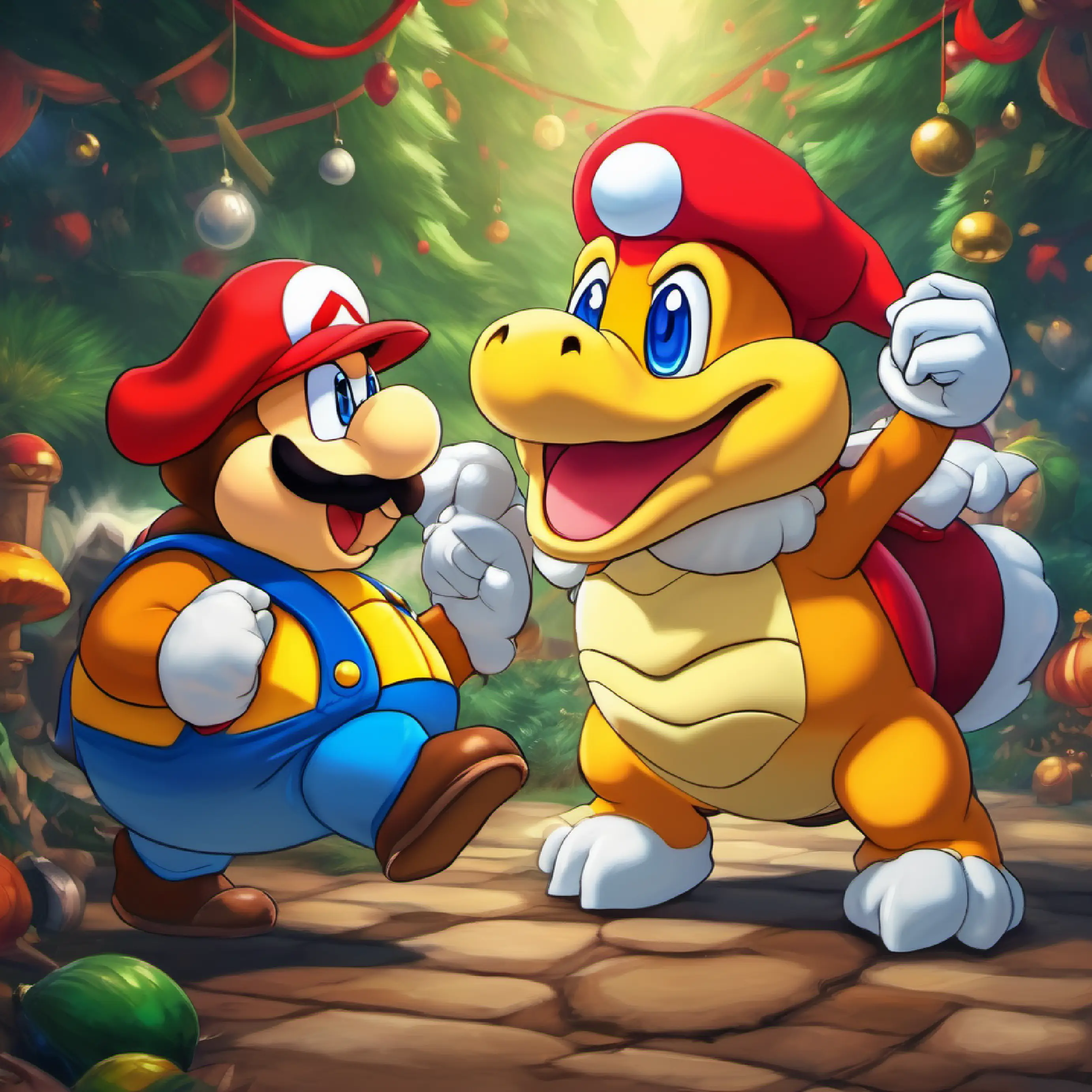 Mushroom Kingdom setting, Plumber, red hat and blue eyes, mustache, joyful spirit content, King Koopa, spiked shell and fiery eyes, formidable presence angry, confrontation brewing.