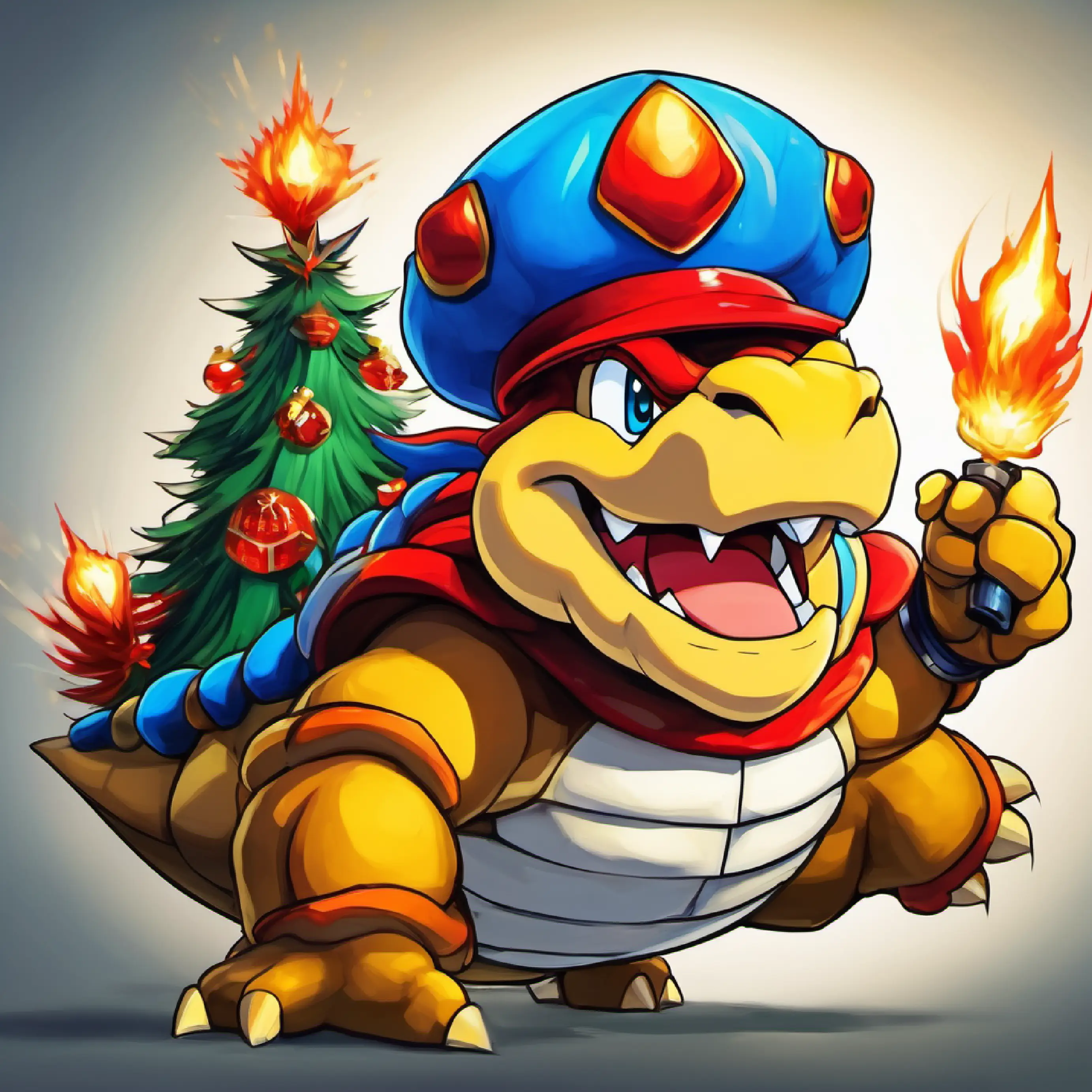 King Koopa, spiked shell and fiery eyes, formidable presence's attack, dialogue initiated by Plumber, red hat and blue eyes, mustache, joyful spirit, refusal to communicate.