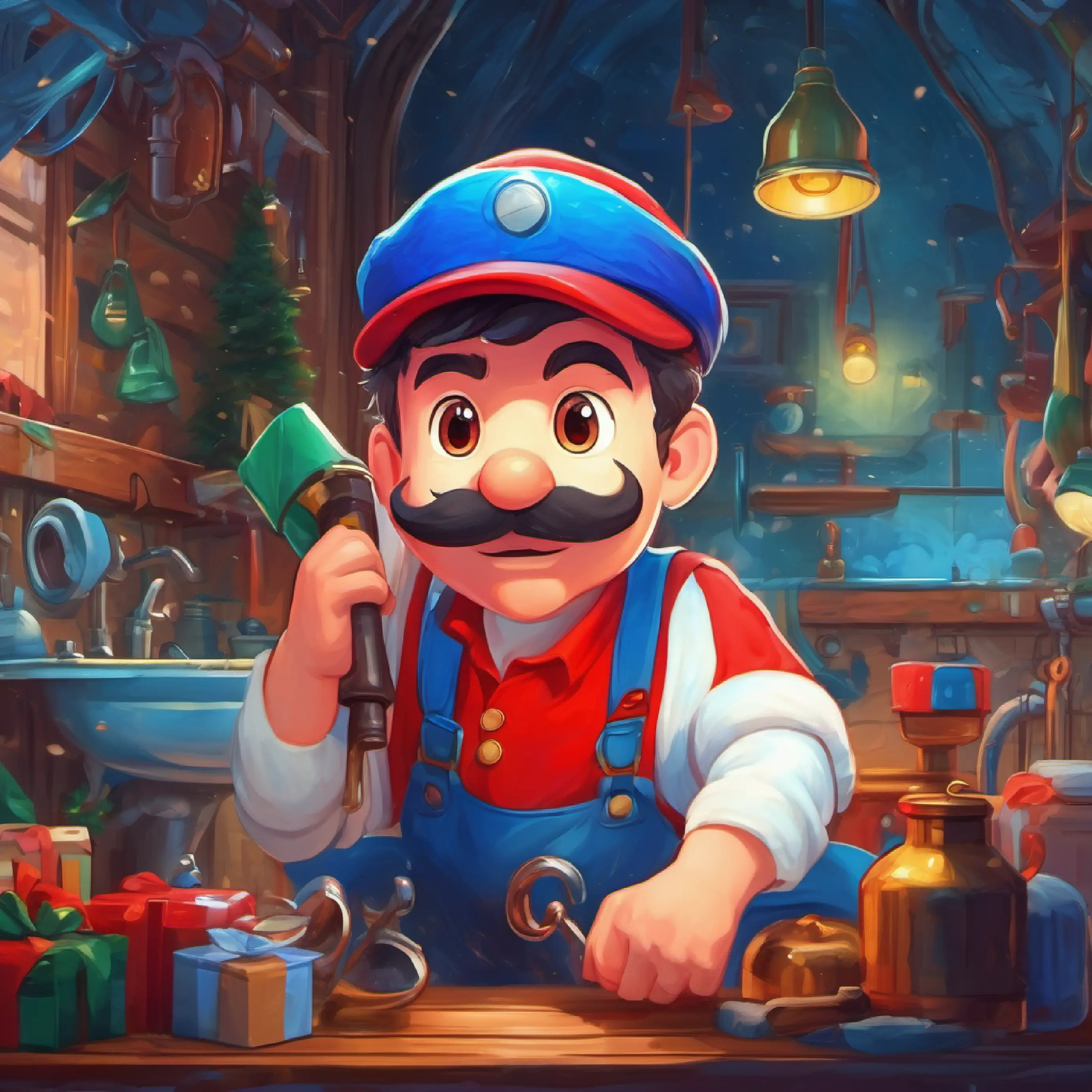 Intense battle, vivid scenery, Plumber, red hat and blue eyes, mustache, joyful spirit introspective and sorrowful.