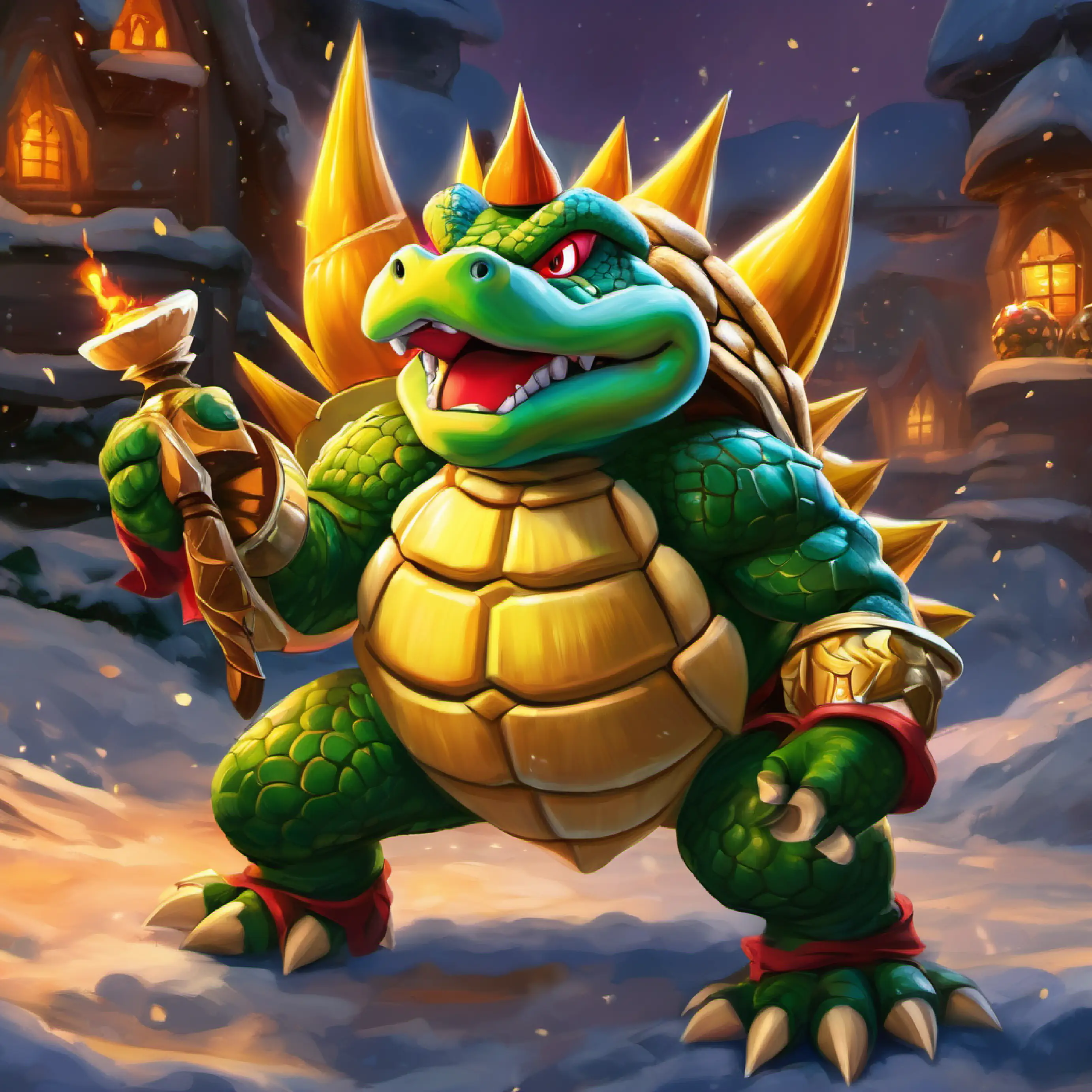 Pause in battle, unspoken communication, a glimpse of King Koopa, spiked shell and fiery eyes, formidable presence's vulnerability.
