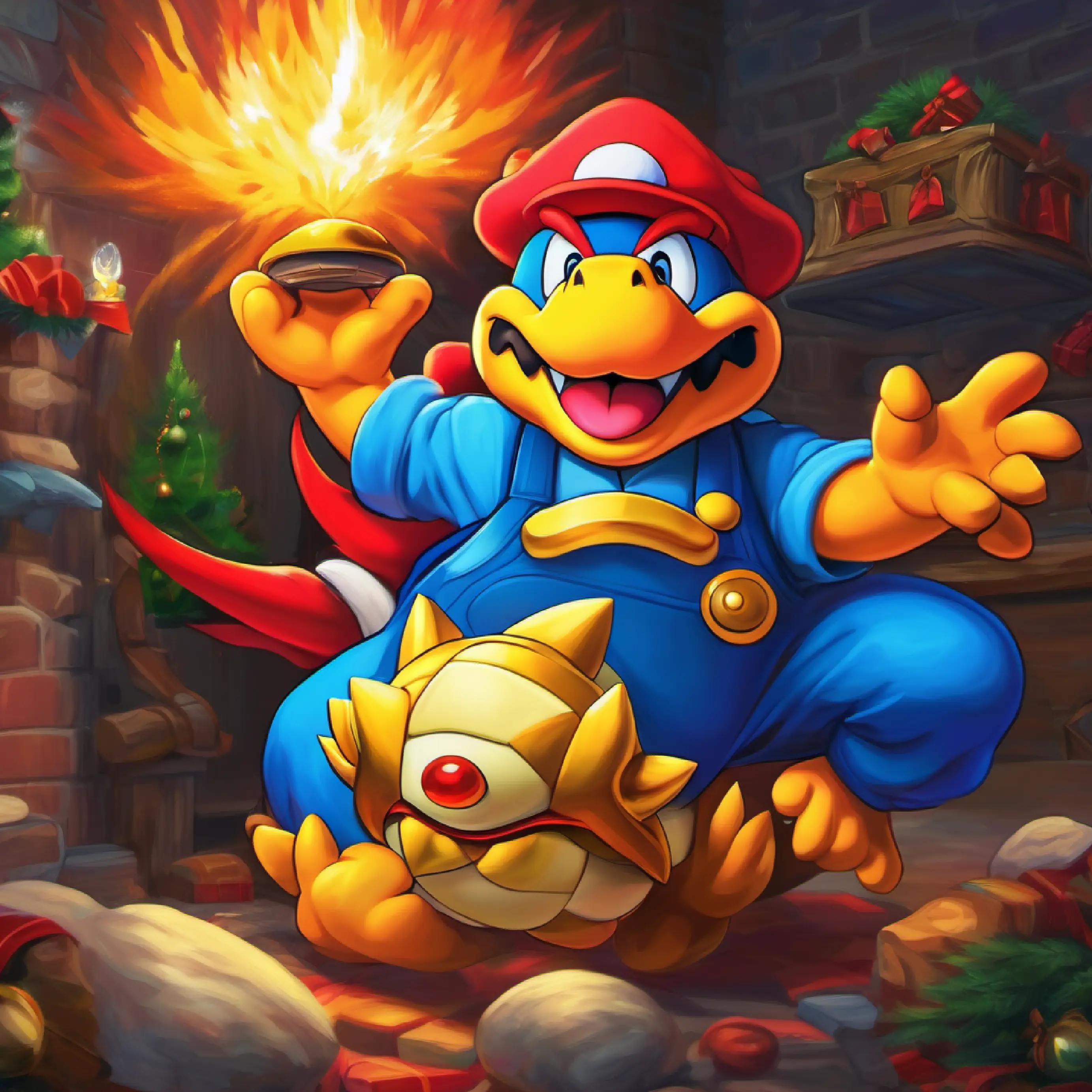 Moment of peace, Plumber, red hat and blue eyes, mustache, joyful spirit reaching out, King Koopa, spiked shell and fiery eyes, formidable presence considering.