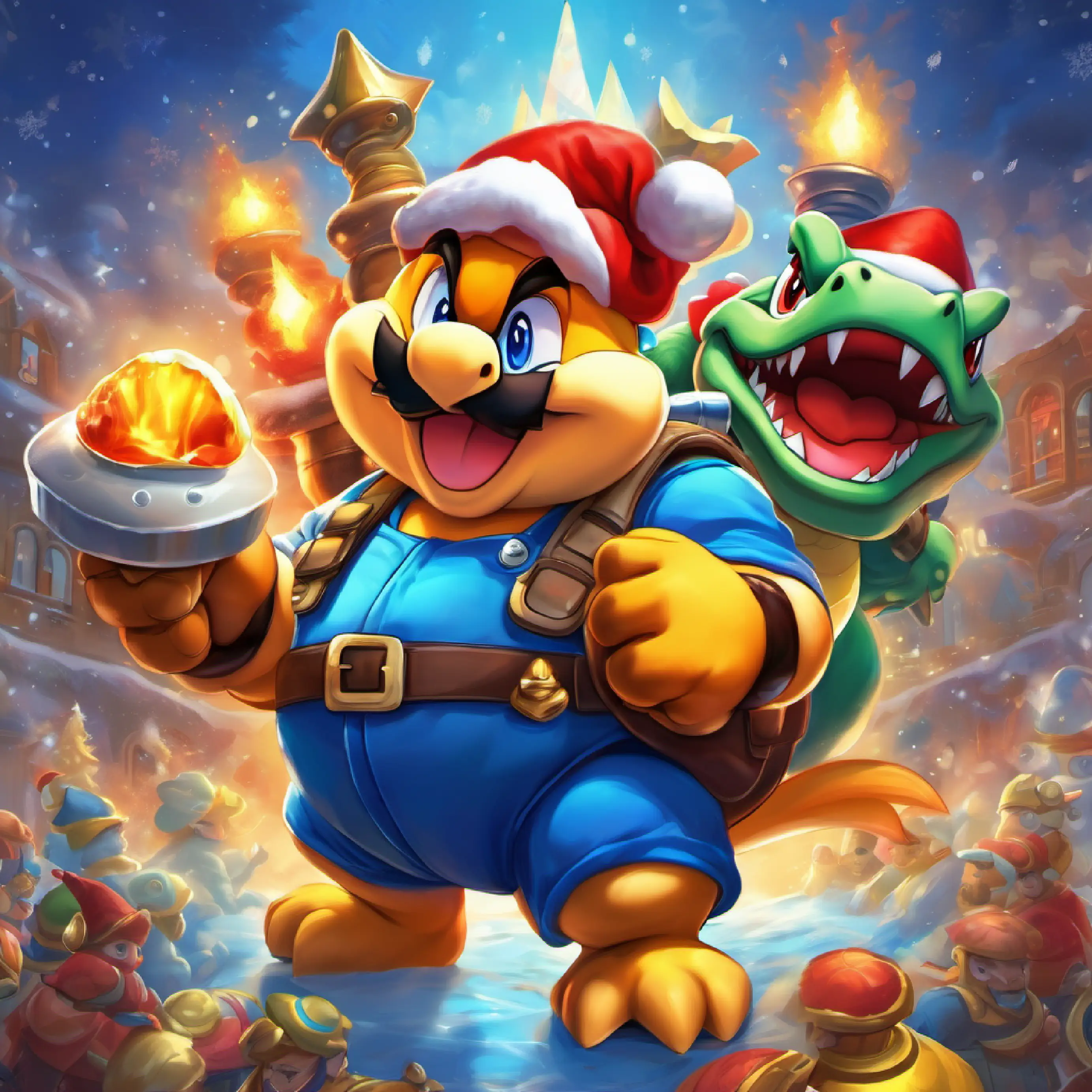 Positive change, Plumber, red hat and blue eyes, mustache, joyful spirit and King Koopa, spiked shell and fiery eyes, formidable presence cooperating, kingdom's reaction.