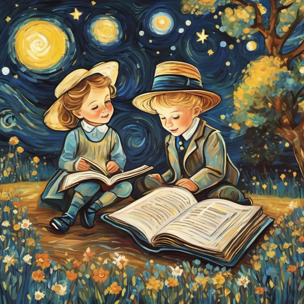 Cute illustration of a child reading a storybook, imagining the scenes of Whimsywood and a little girl with a sparkle in her eye, wearing spiffy suits, snazzy hats, and tap shoes, always full of energy and joy.