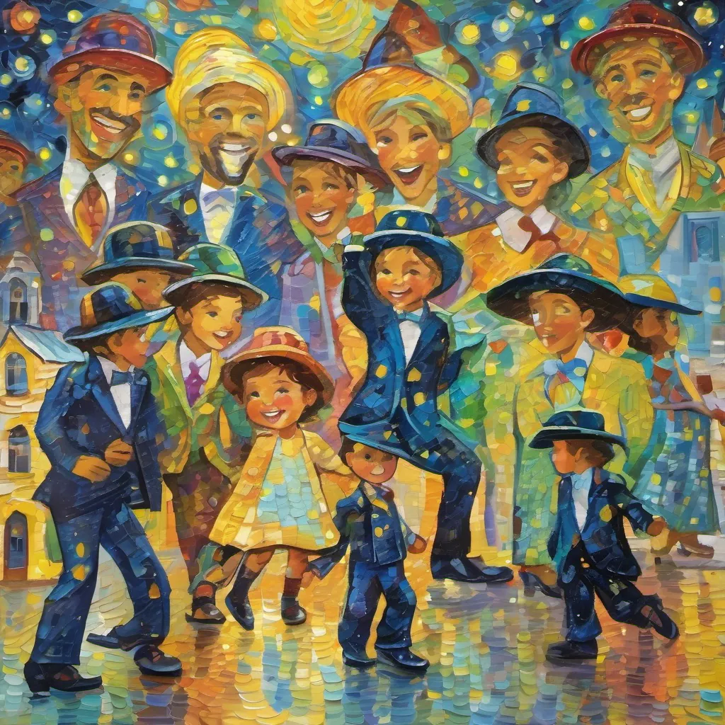 a little girl with a sparkle in her eye, wearing spiffy suits, snazzy hats, and tap shoes, always full of energy and joy tap dancing happily through the colorful streets of Whimsywood.