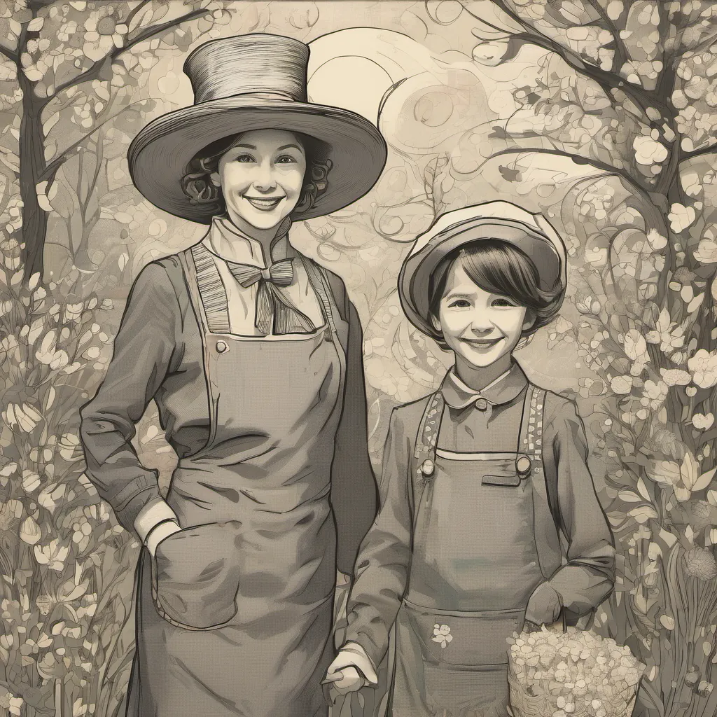 a little girl with a sparkle in her eye, wearing spiffy suits, snazzy hats, and tap shoes, always full of energy and joy smiling brightly, standing between a friendly, plump woman with gray hair in a bun, wearing a flowery apron and a tall, slender man with a mustache, wearing a baker’s outfit and a chef’s hat who begin to look happier.