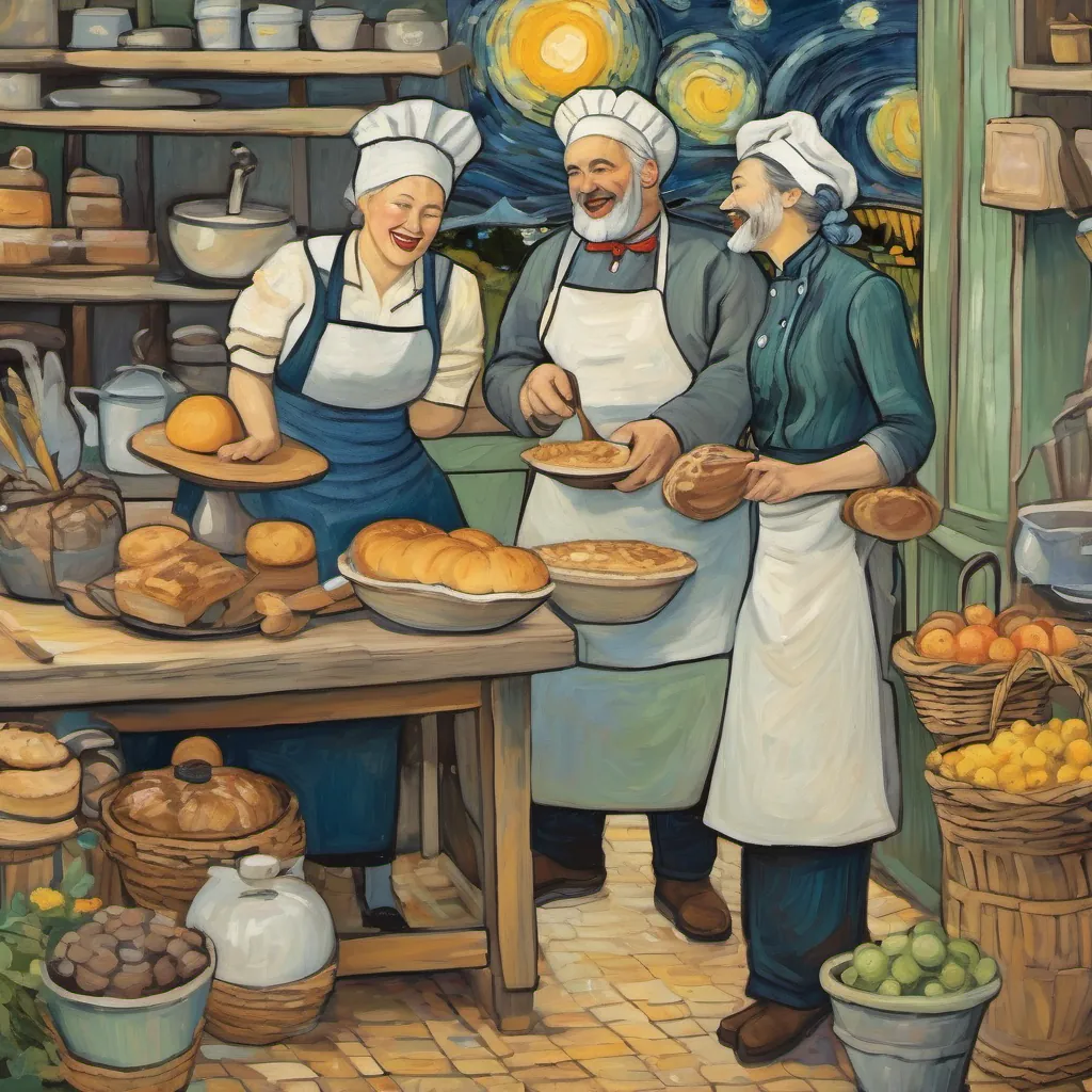 a friendly, plump woman with gray hair in a bun, wearing a flowery apron and a tall, slender man with a mustache, wearing a baker’s outfit and a chef’s hat happily baking together, laughing and sharing ingredients.