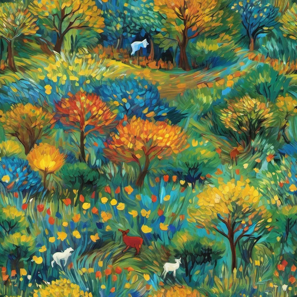 a vibrant forest full of animals and trees, all seemingly vibrant and happy as if they're part of a melodious tune.