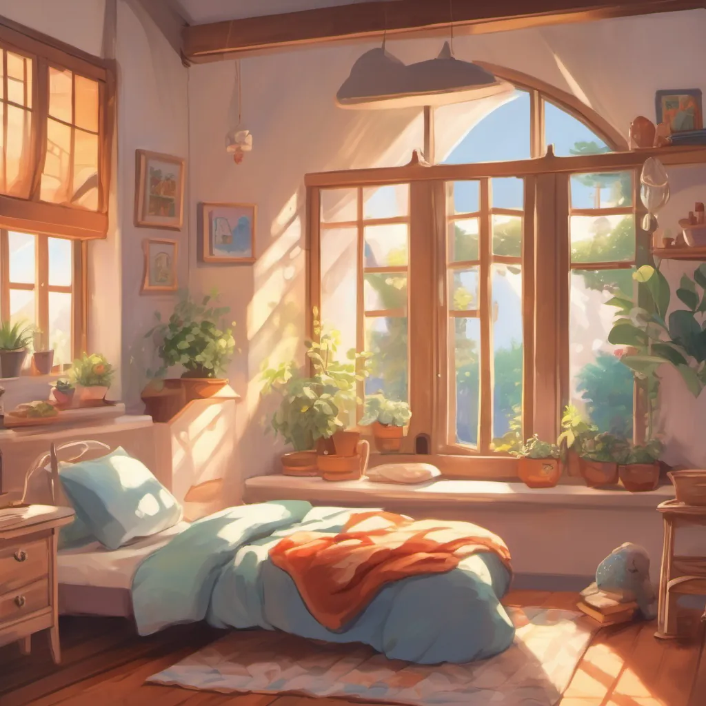 A cozy bedroom with sunbeams shining through a window, a child with tousled hair stretching happily in bed.