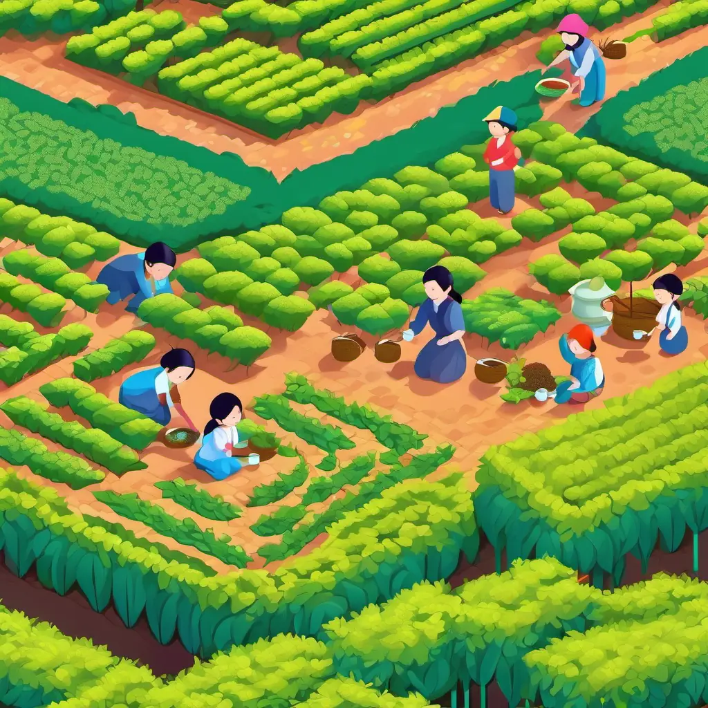 Children picking tea leaves in a vibrant tea garden under the warm sunlight.