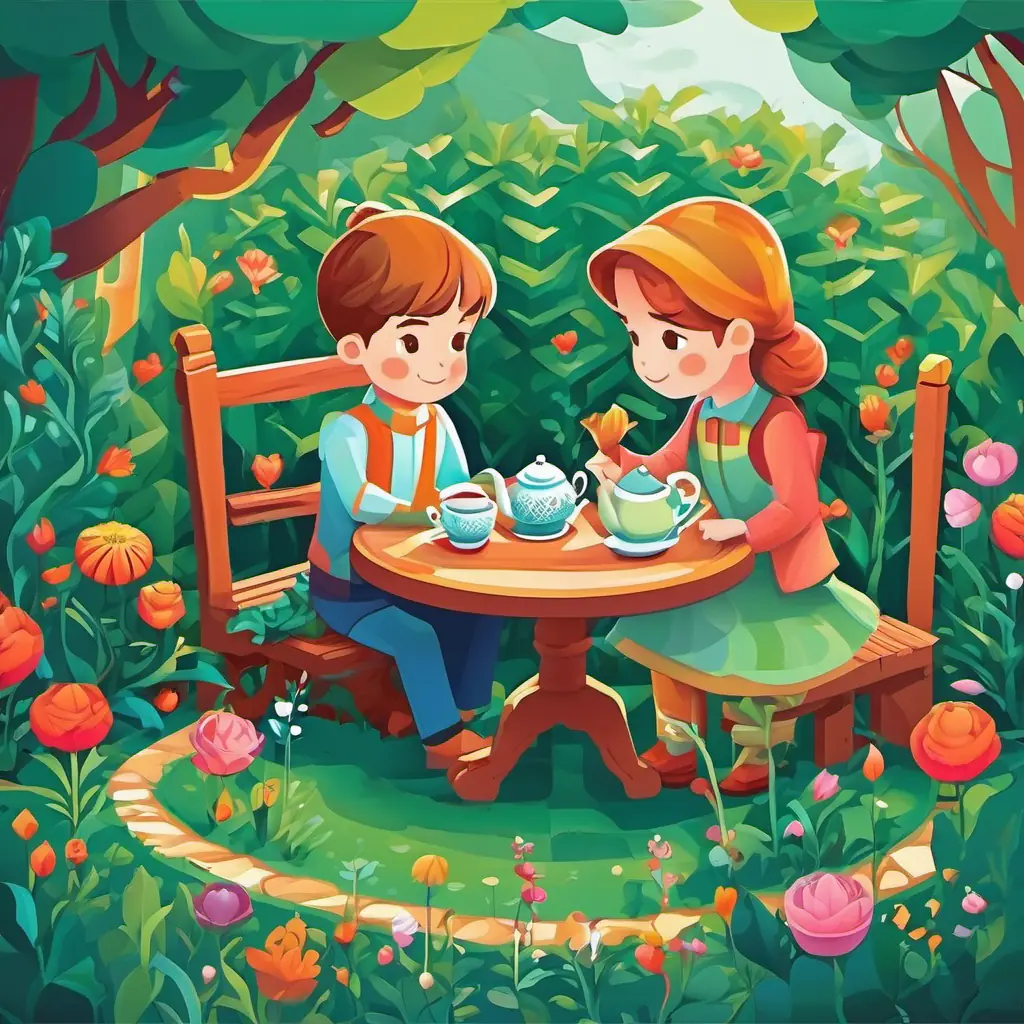 The girl and the boy engage in a conversation about the garden and tea.