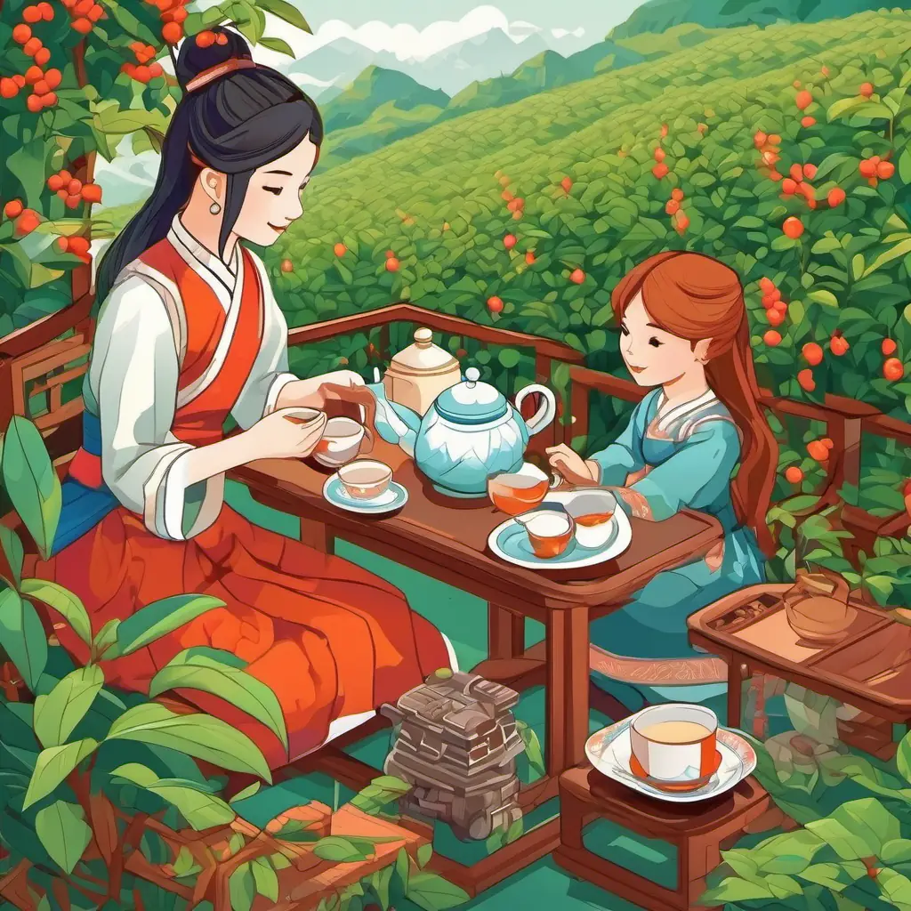 The boy eagerly plucks the tea leaves and talks to the girl about tea-making.