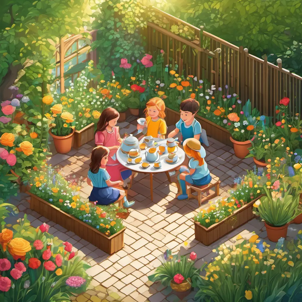 The garden basks in warm sunlight, the children finish their tea gathering, still chatting and enjoying each other's company.