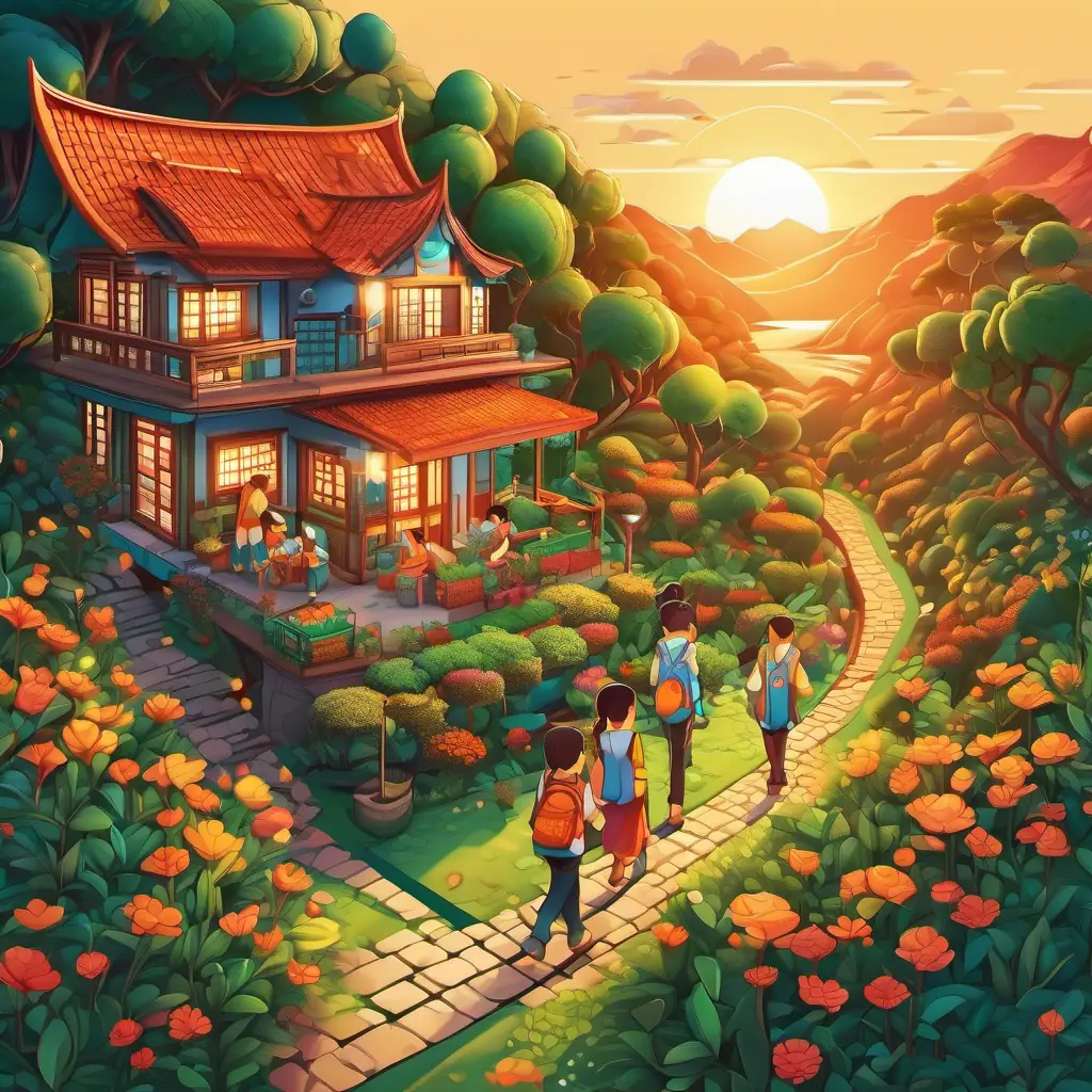 The children walk home together, the sun setting, carrying memories of their tea garden adventure.