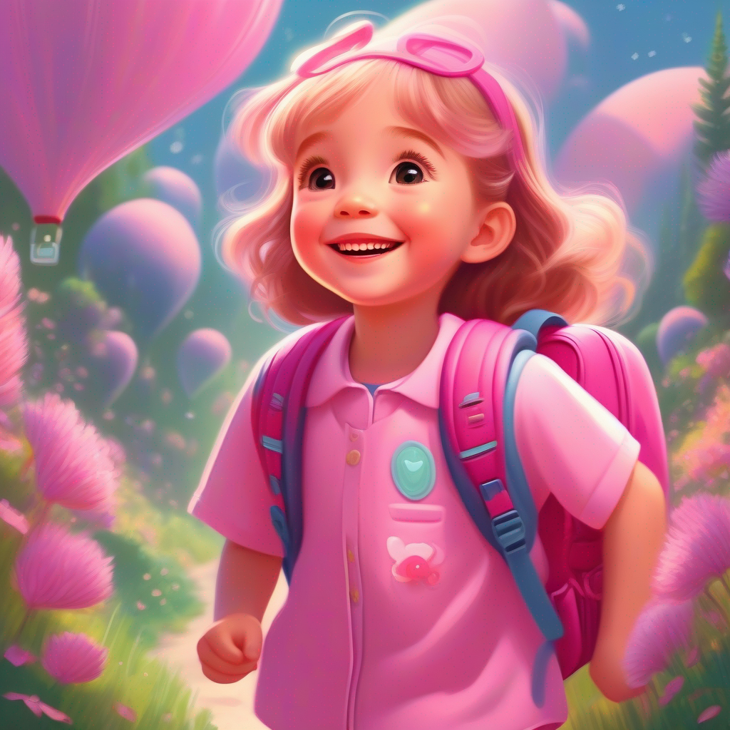 A five-year-old girl with a pink backpack and a big smile. wearing a pink backpack that turns into magical things