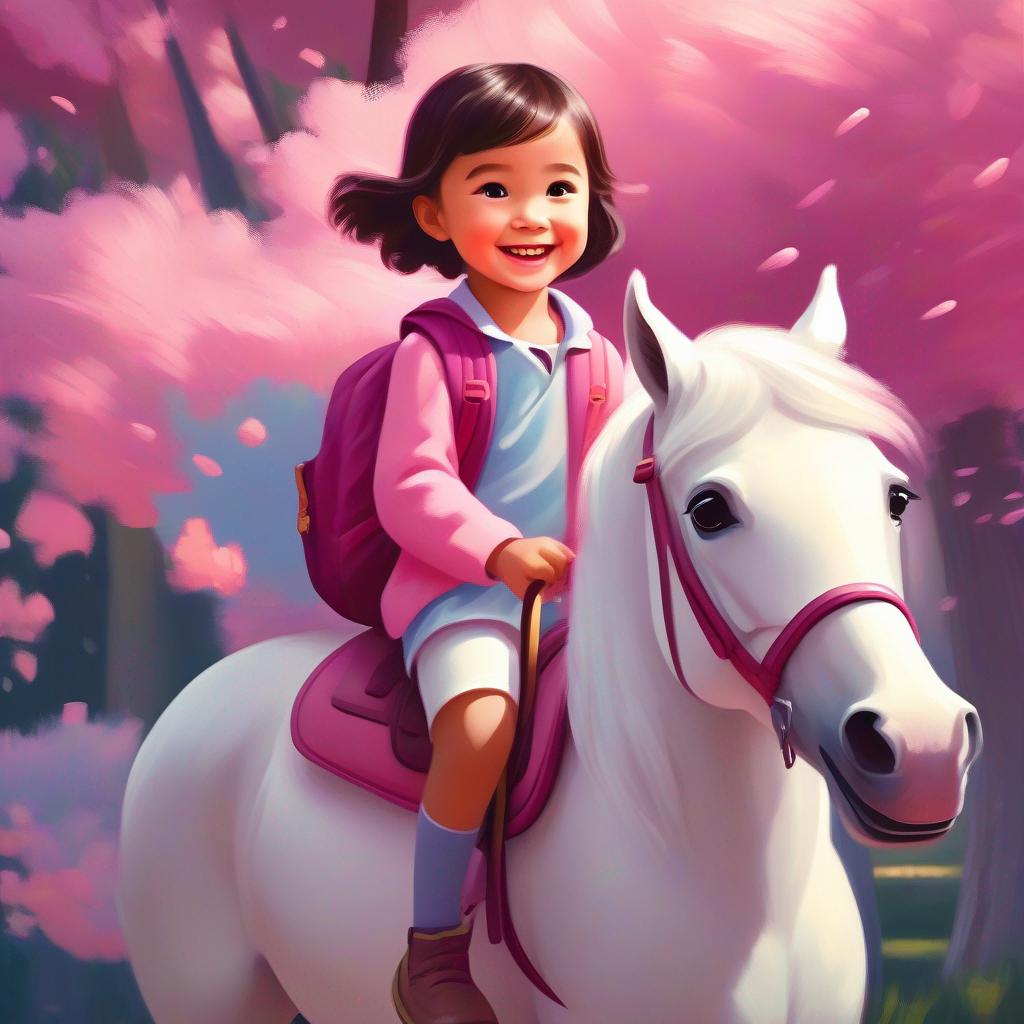 A five-year-old girl with a pink backpack and a big smile. riding a white horse with her backpack beside her