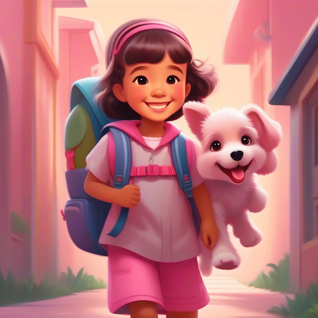 A five-year-old girl with a pink backpack and a big smile. carrying a puppy in her backpack turned pet carrier