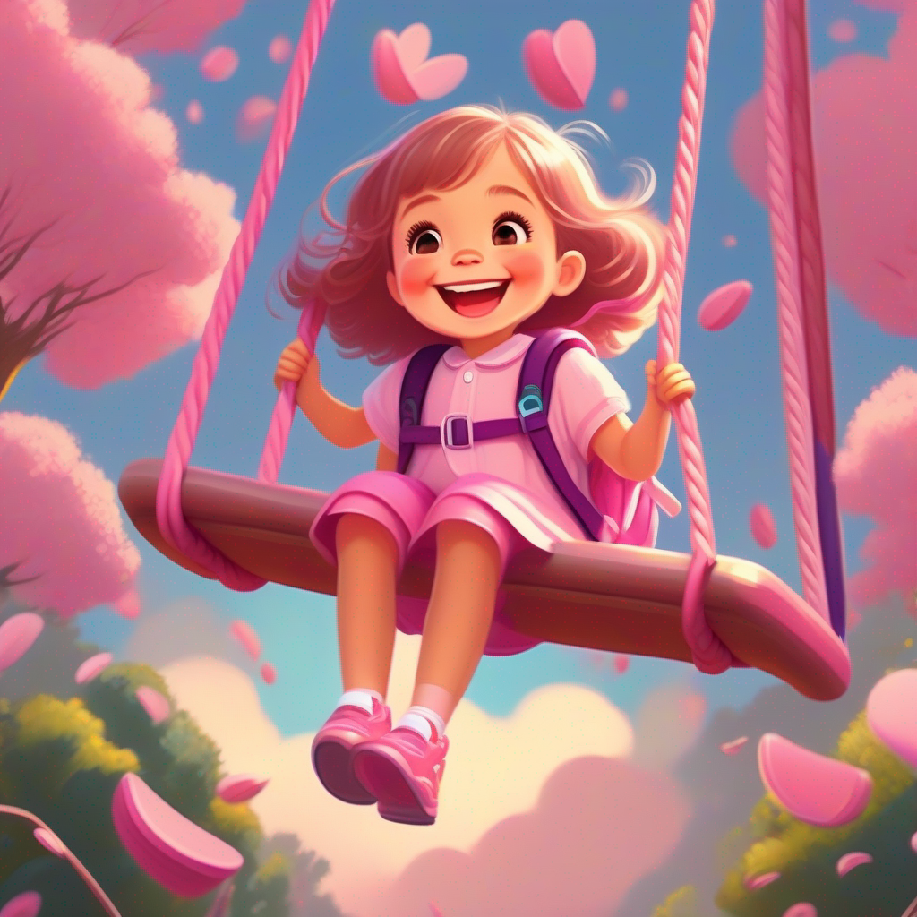 A five-year-old girl with a pink backpack and a big smile. swinging on a swing set made by her backpack