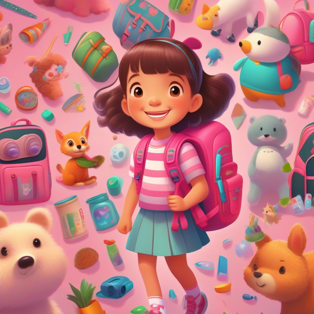 A five-year-old girl with a pink backpack and a big smile. and Buddy surrounded by various things her backpack turned into