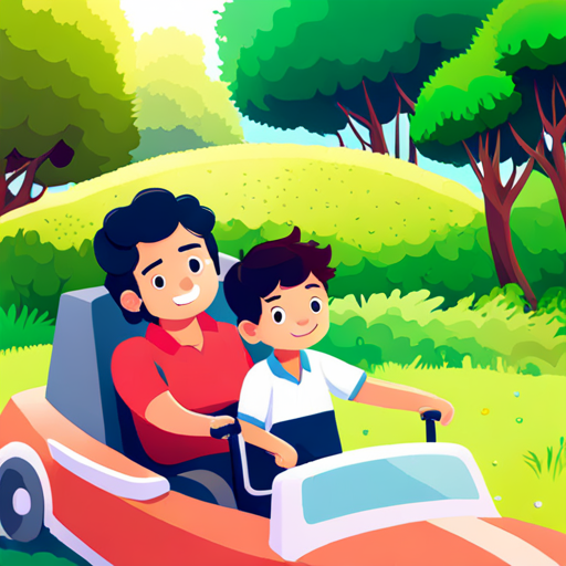 Sachin is a kind and caring father with short brown hair. and Viraj is a happy and helpful little boy with curly black hair. driving through a green park