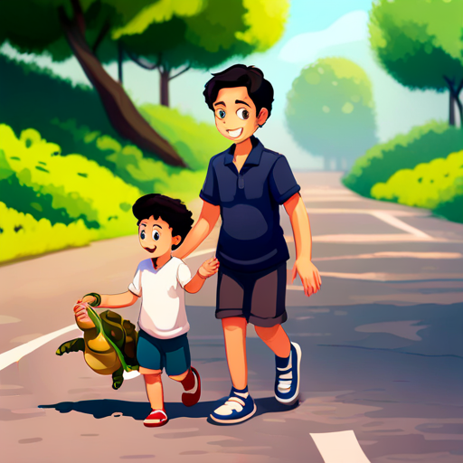 Sachin is a kind and caring father with short brown hair. and Viraj is a happy and helpful little boy with curly black hair. helping the turtle cross the road