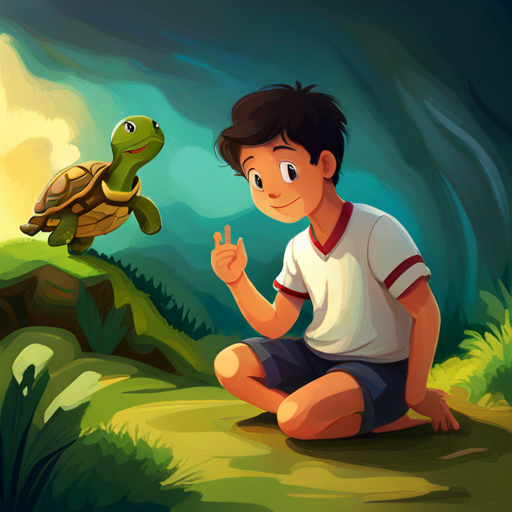 Viraj is a happy and helpful little boy with curly black hair. and the turtle waving at each other