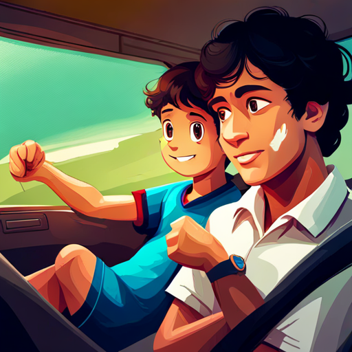 Sachin is a kind and caring father with short brown hair. and Viraj is a happy and helpful little boy with curly black hair. having a heart-to-heart conversation in the car