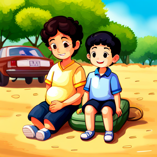 Sachin is a kind and caring father with short brown hair., Viraj is a happy and helpful little boy with curly black hair., and their car with a big heart symbol