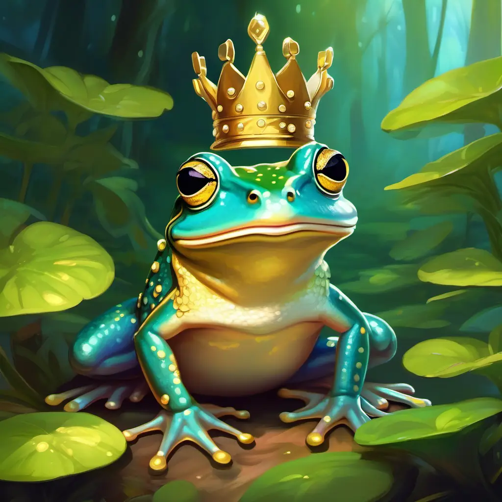 In the enchanted forest, noble frog Elegant prince with kind eyes, wearing a golden crown seeks to break the spell.