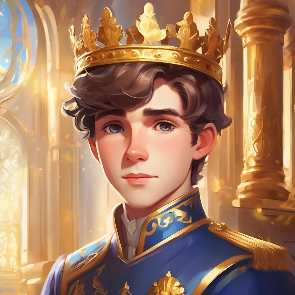 In the grand castle, the charming Elegant prince with kind eyes, wearing a golden crownss dreams of true love.