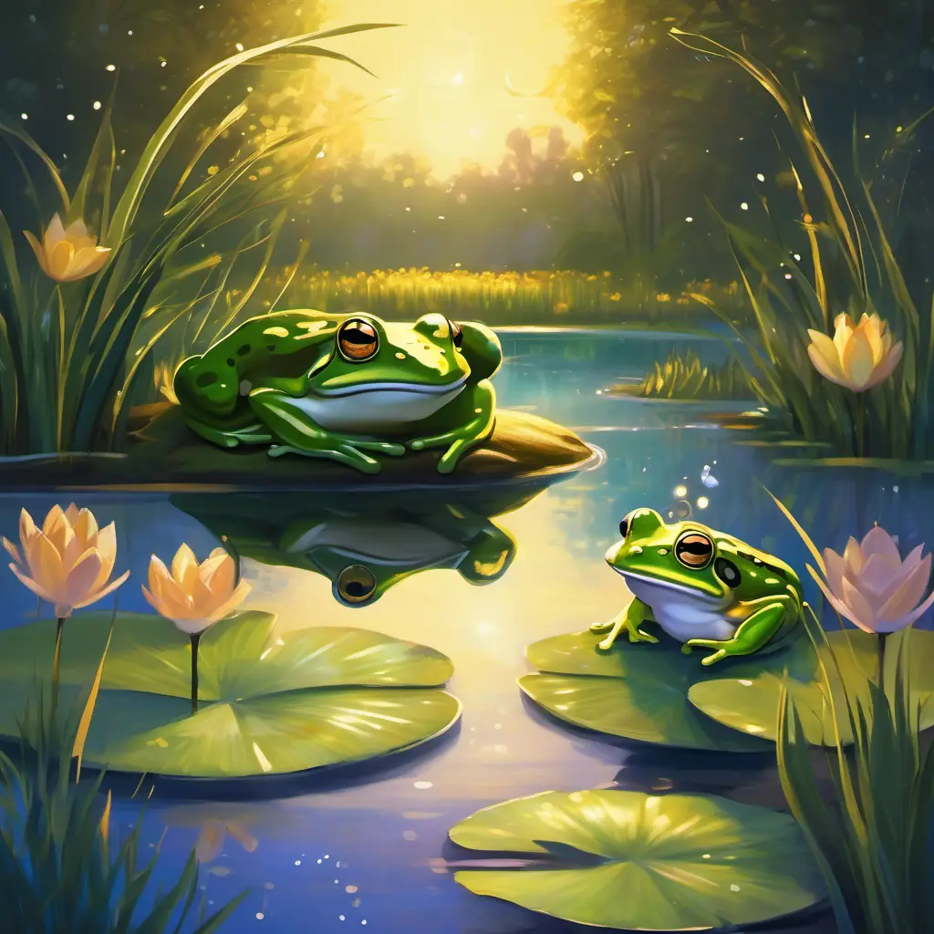 By the sparkling pond, the frog Elegant prince with kind eyes, wearing a golden crown and the Elegant prince with kind eyes, wearing a golden crownss meet under the moonlight.