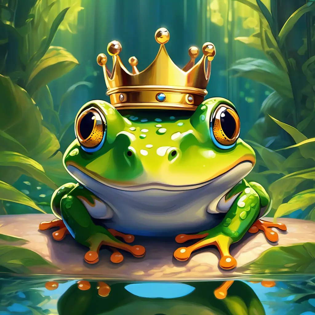 In the mystical garden, the frog Elegant prince with kind eyes, wearing a golden crown's curse is broken with teamwork.