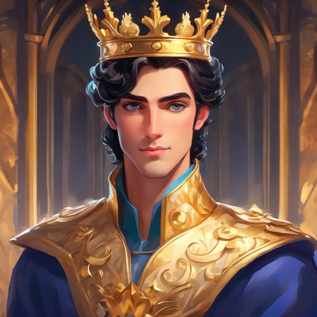 The Elegant prince with kind eyes, wearing a golden crown and Elegant prince with kind eyes, wearing a golden crownss, deeply in love, rule the kingdom together.