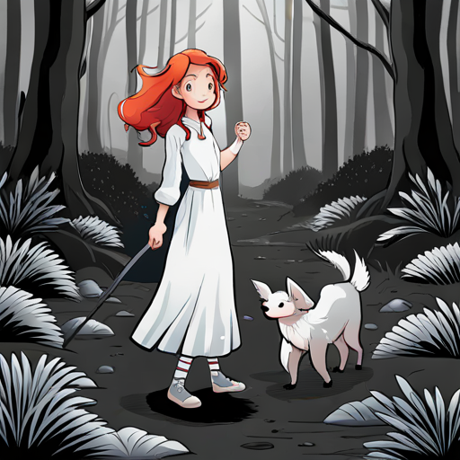 Lily - a brave and adventurous girl with fiery red hair and Max - an old dog with a wise and gentle demeanor walking through a magical forest