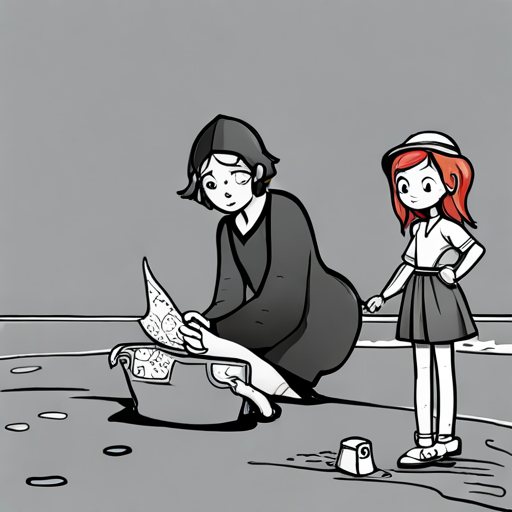 Lily - a brave and adventurous girl with fiery red hair and Max - an old dog with a wise and gentle demeanor finding a treasure map on a beach