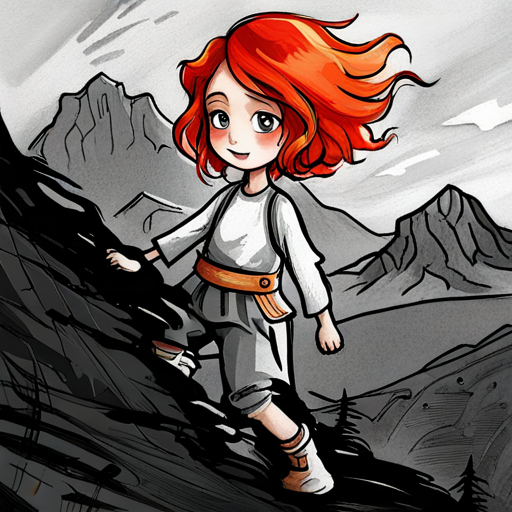 Lily - a brave and adventurous girl with fiery red hair and Max - an old dog with a wise and gentle demeanor climbing a mountain together