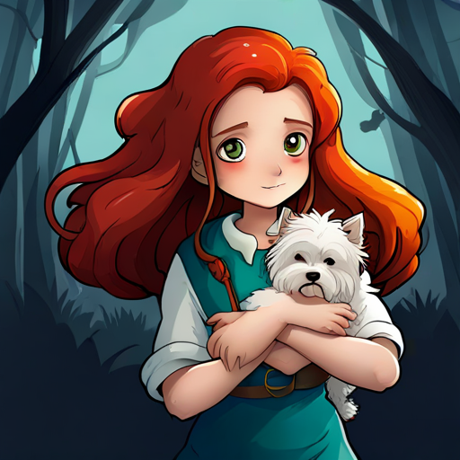 Lily - a brave and adventurous girl with fiery red hair and Max - an old dog with a wise and gentle demeanor outsmarting a mischievous sprite