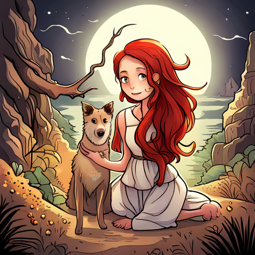 Lily - a brave and adventurous girl with fiery red hair and Max - an old dog with a wise and gentle demeanor meeting a magical unicorn on the island