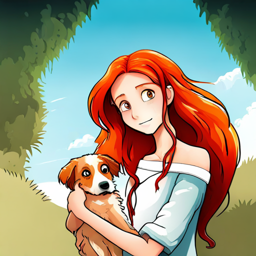 Lily - a brave and adventurous girl with fiery red hair and Max - an old dog with a wise and gentle demeanor discovering hidden treasures on the island