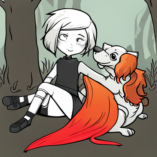 Lily - a brave and adventurous girl with fiery red hair and Max - an old dog with a wise and gentle demeanor facing a fearsome dragon