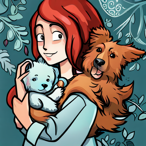 Lily - a brave and adventurous girl with fiery red hair and Max - an old dog with a wise and gentle demeanor embracing each other at home
