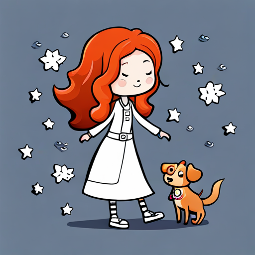Lily - a brave and adventurous girl with fiery red hair and Max - an old dog with a wise and gentle demeanor walking hand in paw, ready for more adventures