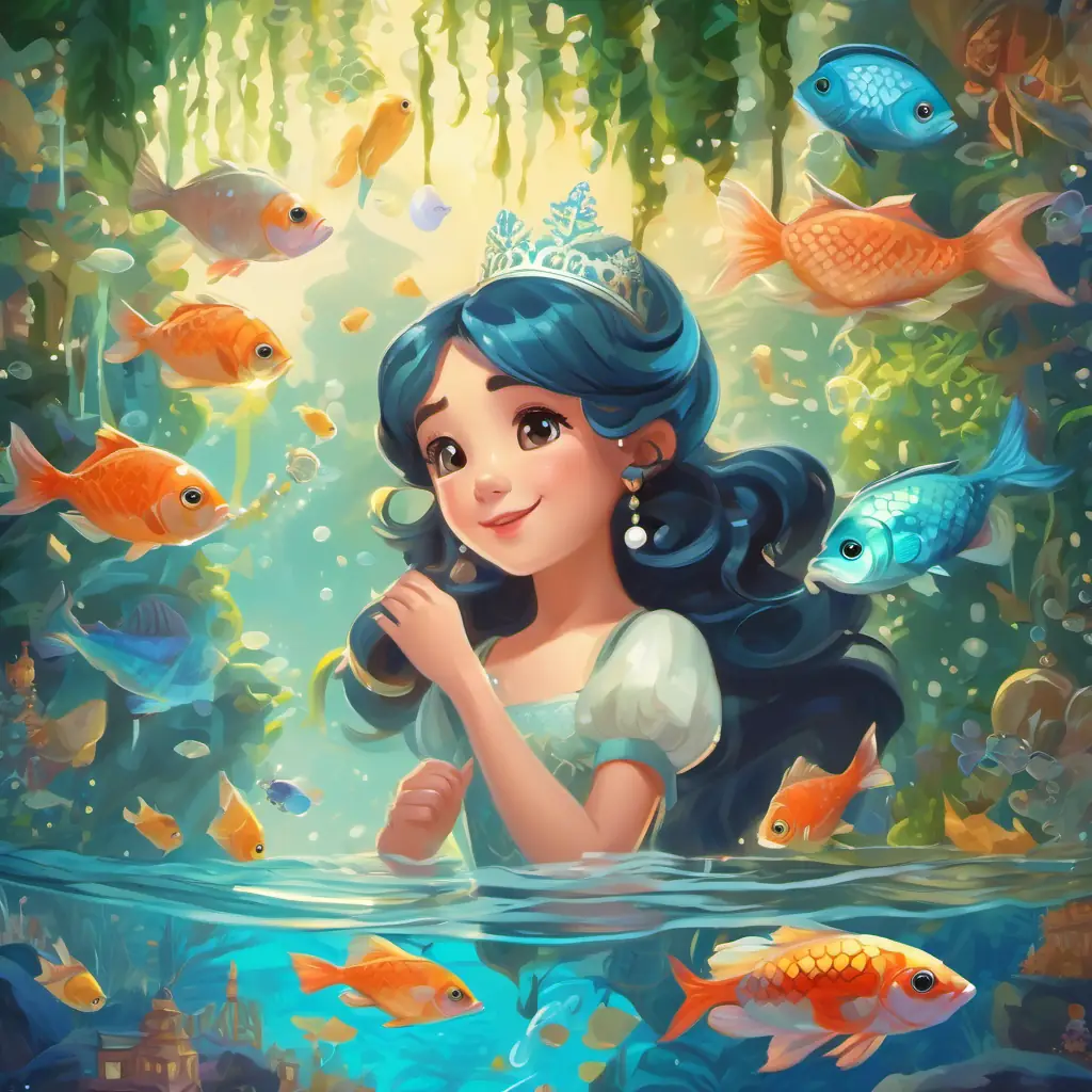 Introduction, underwater kingdom, Princess Amira playing with fish and pearls.