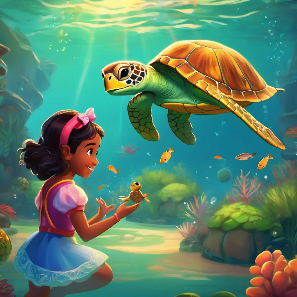 Princess Amira learns diving, makes friends, plays water ball with a turtle.