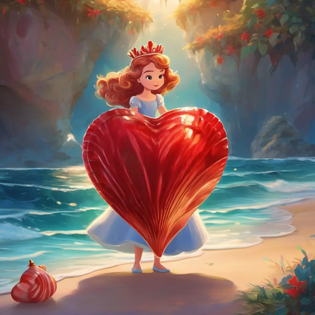 Princess finds a red heart in a seashell, wonders if it's love.