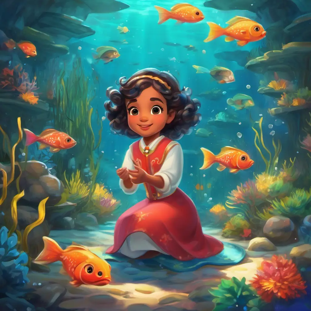 Princess Amira encourages small fish and helps siblings in the underwater kingdom.