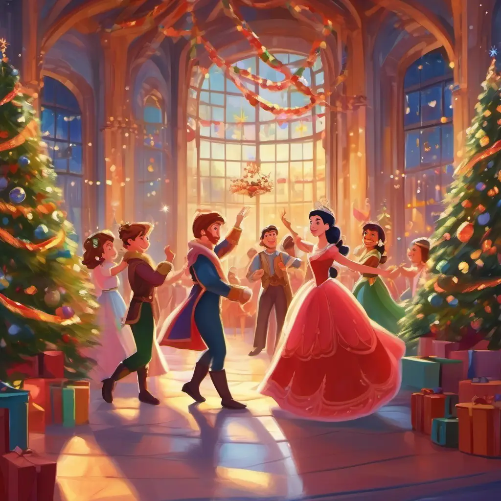 Princess invites friends to dance. Celebration of love and bravery.