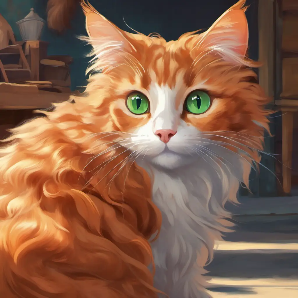 Ginger fur, big green eyes, playful and adventurous cat meets Curly gray hair, twinkling blue eyes, loving and kind old lady, a loving description of her appearance.