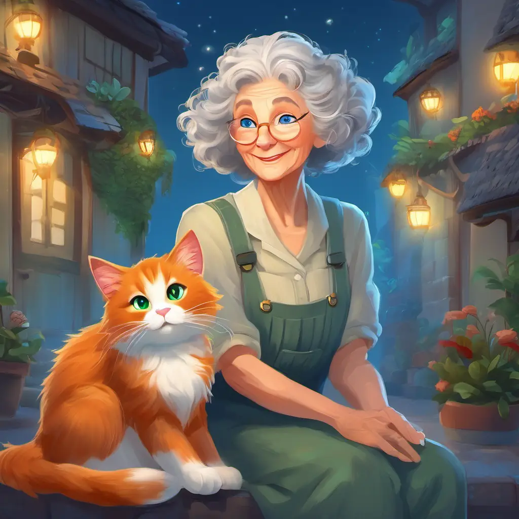 Curly gray hair, twinkling blue eyes, loving and kind old lady rescues Ginger fur, big green eyes, playful and adventurous cat, heartwarming and caring scene.
