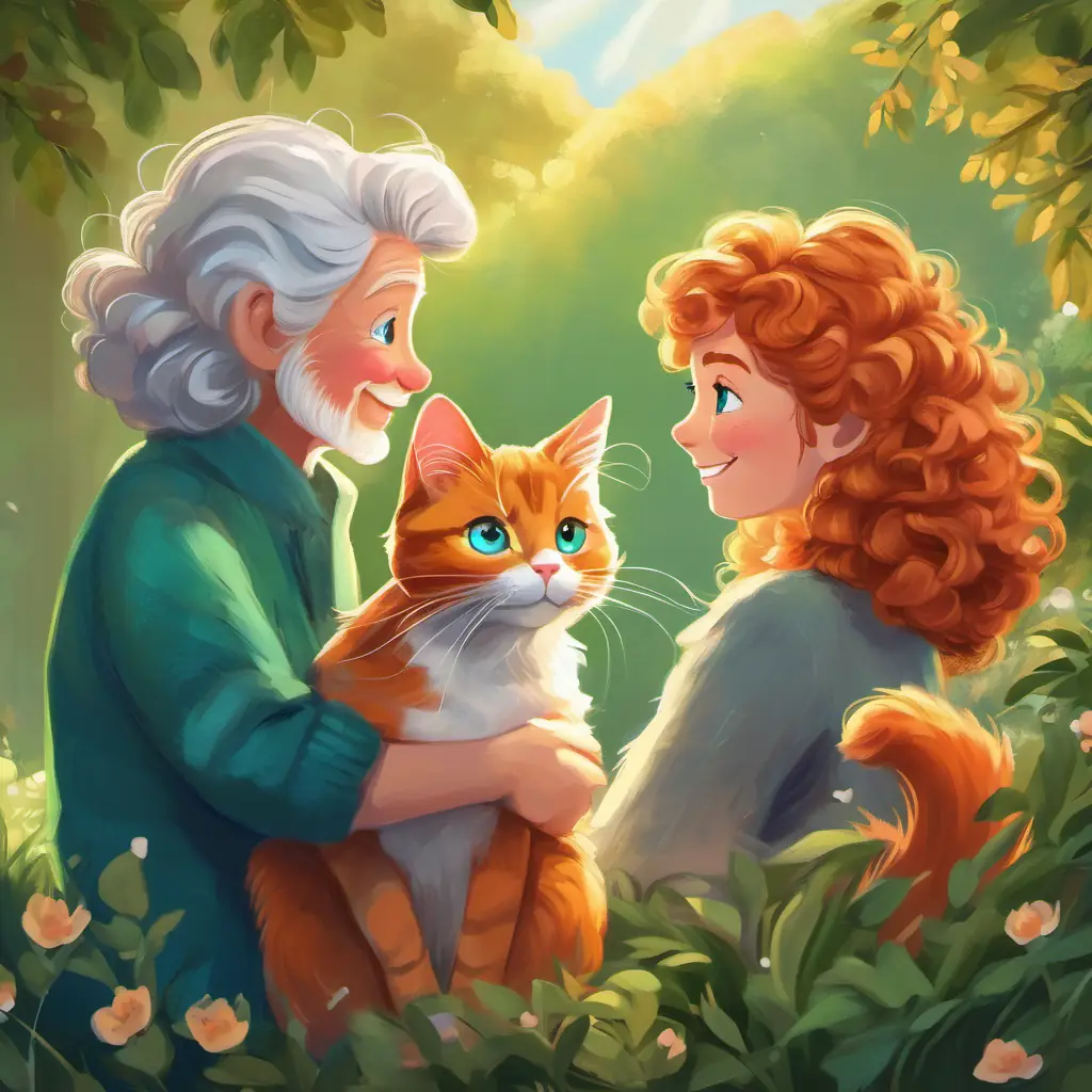 Picturing the bond between Ginger fur, big green eyes, playful and adventurous cat and Curly gray hair, twinkling blue eyes, loving and kind old lady, cozy and heartwarming.